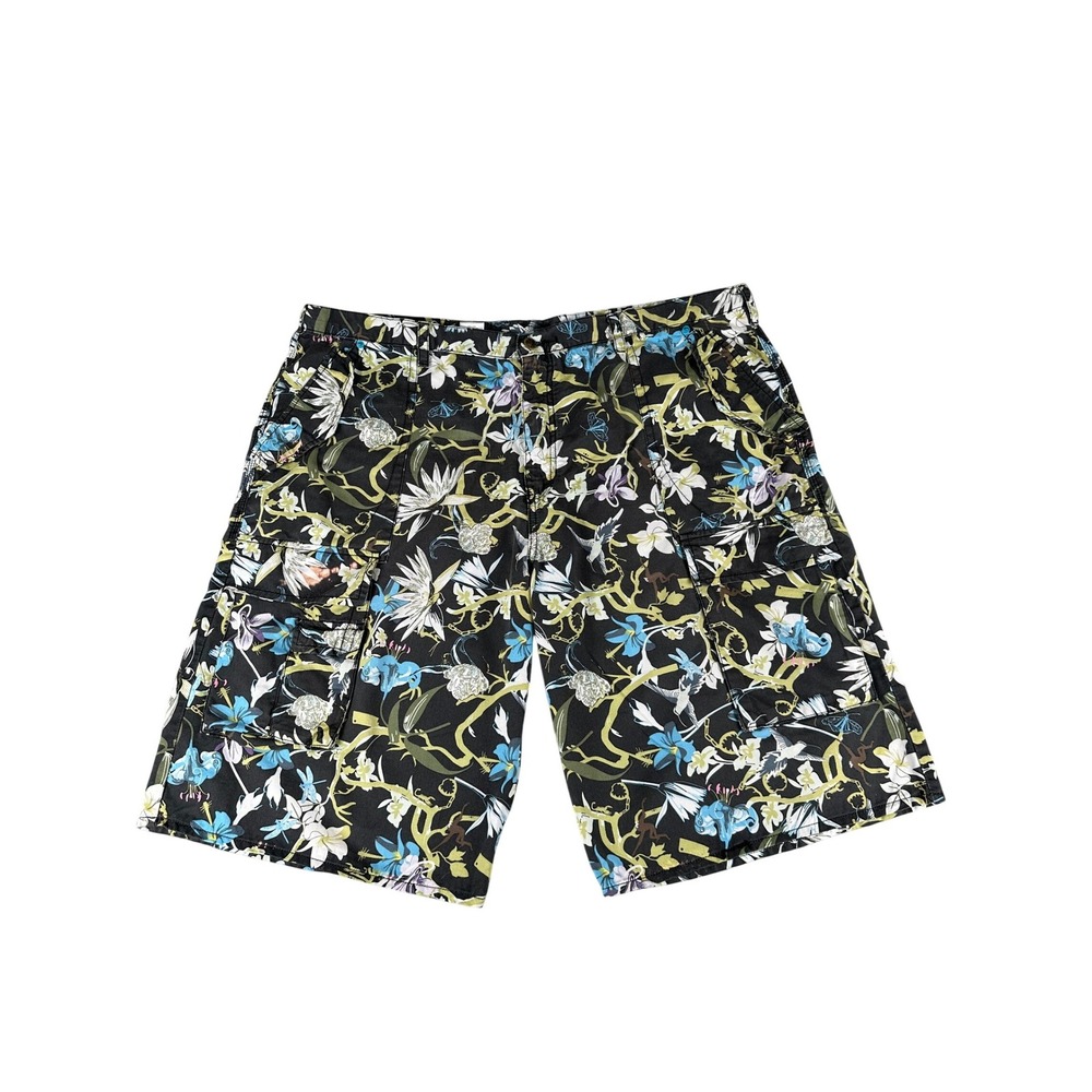 Artful Dodger Cargo Shorts Men 44 Black Floral Botanical Hummingbird Utility AOP